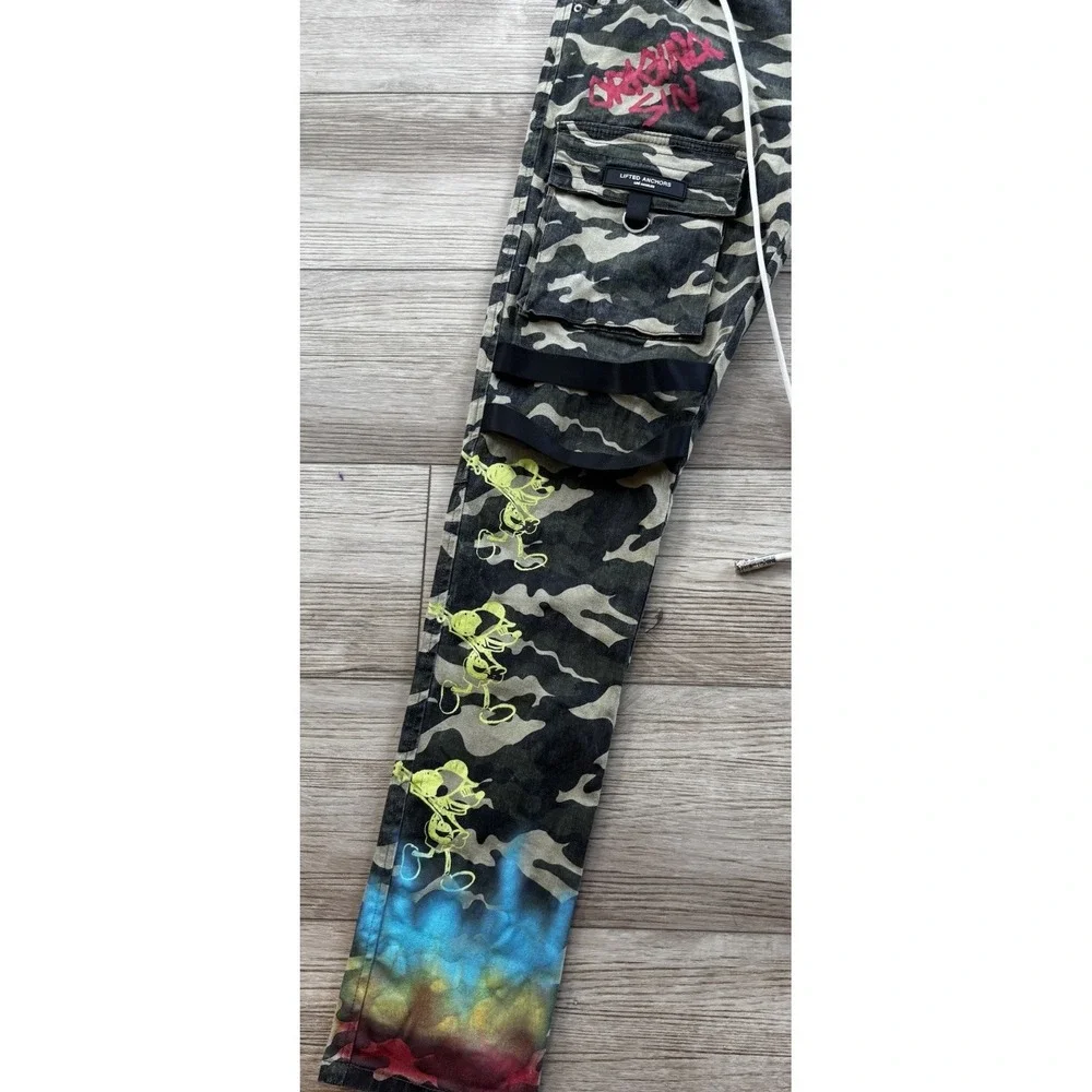 Lifted Anchors Custom Graphic Camo Cargo Men's Pants Size 34 Streetwear LA